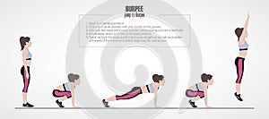 Jump up burpee. Sport exercises. Stage and reles of squar. Exercises with free weight. Illustration of an active lifestyle. Vector