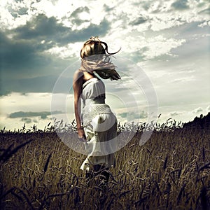 Jump women in wheat field