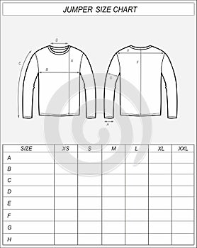 Jumper size chart. Sweatshirt front and back