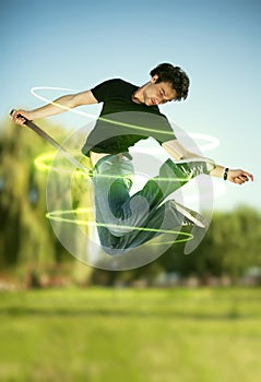 Jumpinf man with energy beams