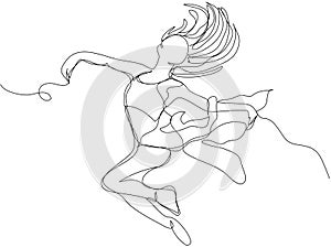 Jumping ballerina with flowing hair and dress in one line on a white background.