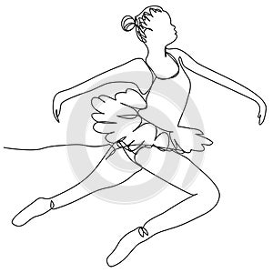 Jumping ballerina in motion in one line on a white background.