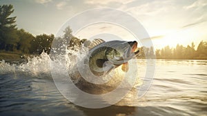 Jumping Bass Fish in River Water for Outdoor Enthusiasts.