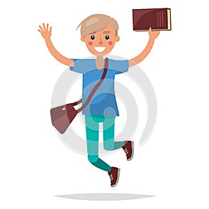 Jumping Blond Boy Student with Book Illustration