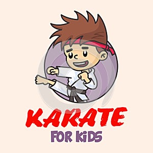 Jumping Boy in karate discipline. Martial arts school for childrens. Baby Karate logo. Strong kids concept