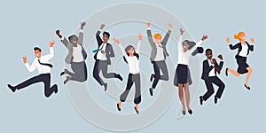 Jumping business people. Cheerful company employees, office managers, team event, men and women in formal suits having