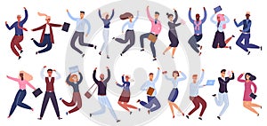 Jumping business people. Happy businessman, office workers jumped together, success celebration colleagues isolated