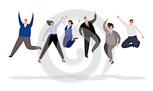 Jumping business people. Happy office people winning illustration, joyful and smiling cartoon businessmen and