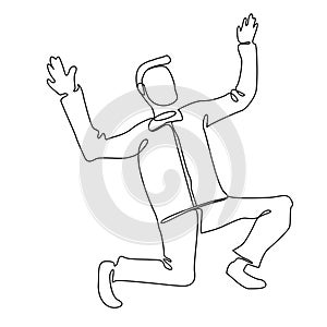 Jumping Businessman Continuous Line Art. Successful People Celebrating. Business Teamwork Linear Concept