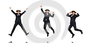 Jumping businessman wearing tricorn isolated on white