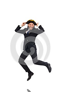 The jumping businessman wearing tricorn on white