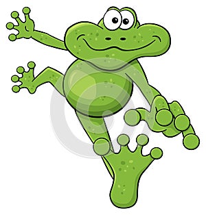 Jumping cartoon frog on white