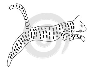 Jumping cat. Spotted cat sketch. Black and white silhouette of jumping cat. Design for children, print, nursery design