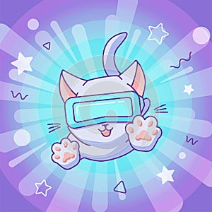 Jumping cat with vr headset in virtual reality space