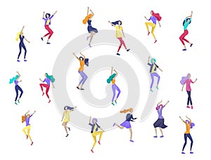Jumping character in various poses. Group of young joyful laughing people jumping with raised hands. Happy positive