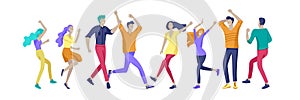 Jumping character in various poses. Group of young joyful laughing people jumping with raised hands. Happy positive