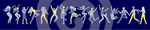 Jumping character in various poses. Group of young joyful laughing people jumping with raised hands. Happy positive