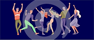 Jumping character in various poses. Group of young joyful laughing people jumping with raised hands. Happy positive young men and