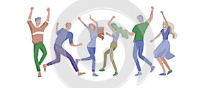 Jumping character in various poses. Group of young joyful laughing people jumping with raised hands. Happy positive