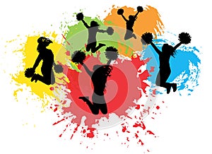 Jumping cheerleaders with pompoms on background of colorful splash blots, silhouettes. Vector illustration