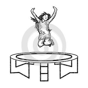 Jumping child trampoline sketch engraving vector