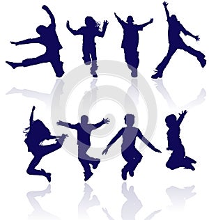 Kids dancing jumping group happy school children active running playing kid child silhouettes fun sport party jumps jump dance boy photo