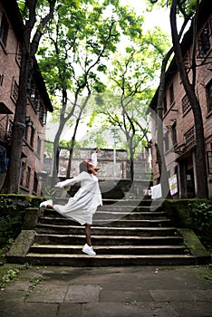 A jumping chinese woman