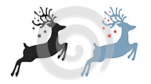 Jumping christmas deer with stars set isolated, jumping reindeer silhouette - vector