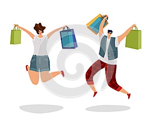 Jumping customers with gift bags. Happy shopping people. Fashion byer boy and girl for sale or discount advertising. Man
