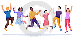 Jumping and dancing multiethnic happy people team. Vector characters illustration. Young carefree men and women