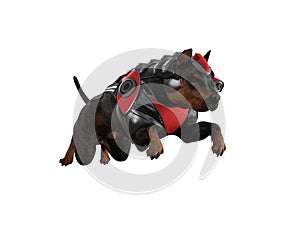 Jumping dog with futuristic cyberpunk armoured suit and cybernetic eye. 3D rendering isolated on white background