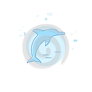 Jumping Dolphin Flat Vector Illustration, Icon. Light Blue Monochrome Design. Editable Stroke