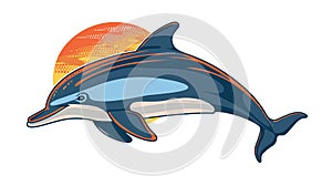 Jumping dolphin graphic, sunny backdrop, stylized aquatic mammal. Colorful cartoon dolphin