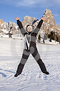 Jumping Exciting Woman Snow Mountain