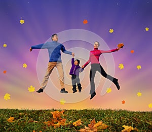 Jumping family with boy on autumnal meadow collage