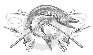 Jumping fish pike and crossed fishing rods with tackle and hooks. Fishing emblem sketch. Engraving vector illustration