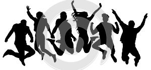 Jumping friends youth background. People jump vector silhouette. Cheerful man and woman isolated. Crowd jumping people photo