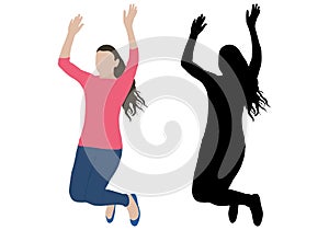 Jumping girl is fan of concerts, sports games, etc. Color and black silhouette. Vector illustration photo