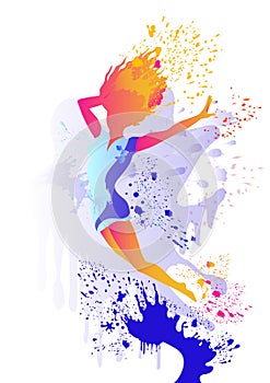 Jumping girl silhouette with colored splats photo