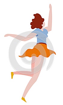 Jumping girl in skirt, happy and successful woman, isolated character