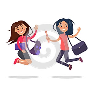 Jumping Girls with Books and Bags Illustration