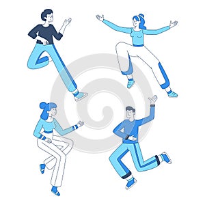 Jumping girls and boys illustrations set. Cheerful young people in casual clothing dancing, having fun outline