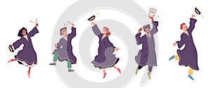 Jumping graduates. Cute students in gown diploma celebrating graduation college university or highschool, happy graduate