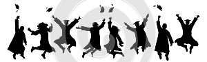 Jumping graduates throw square academic caps. Silhouette of graduation. Vector illustration