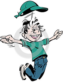 Jumping happy boy with green hat and t-shirt and blue trousers cartoon