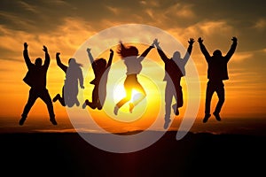 Jumping happy people against the backdrop of sunset. AI generative