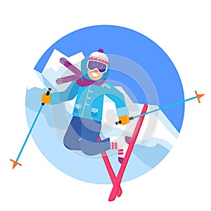 Jumping happy skier in the mountains vector illustration. Smiling skiing sportsmen character
