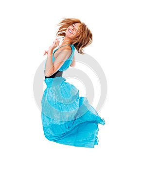 Jumping happy woman isolated