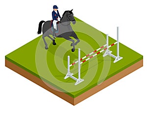 Jumping horse and rider practicing at racetrack. Isometric vector illustration Champion. Horse-racing. Hippodrome