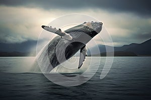 Jumping humpback whale over water. Amazing wildlife. Generative Ai